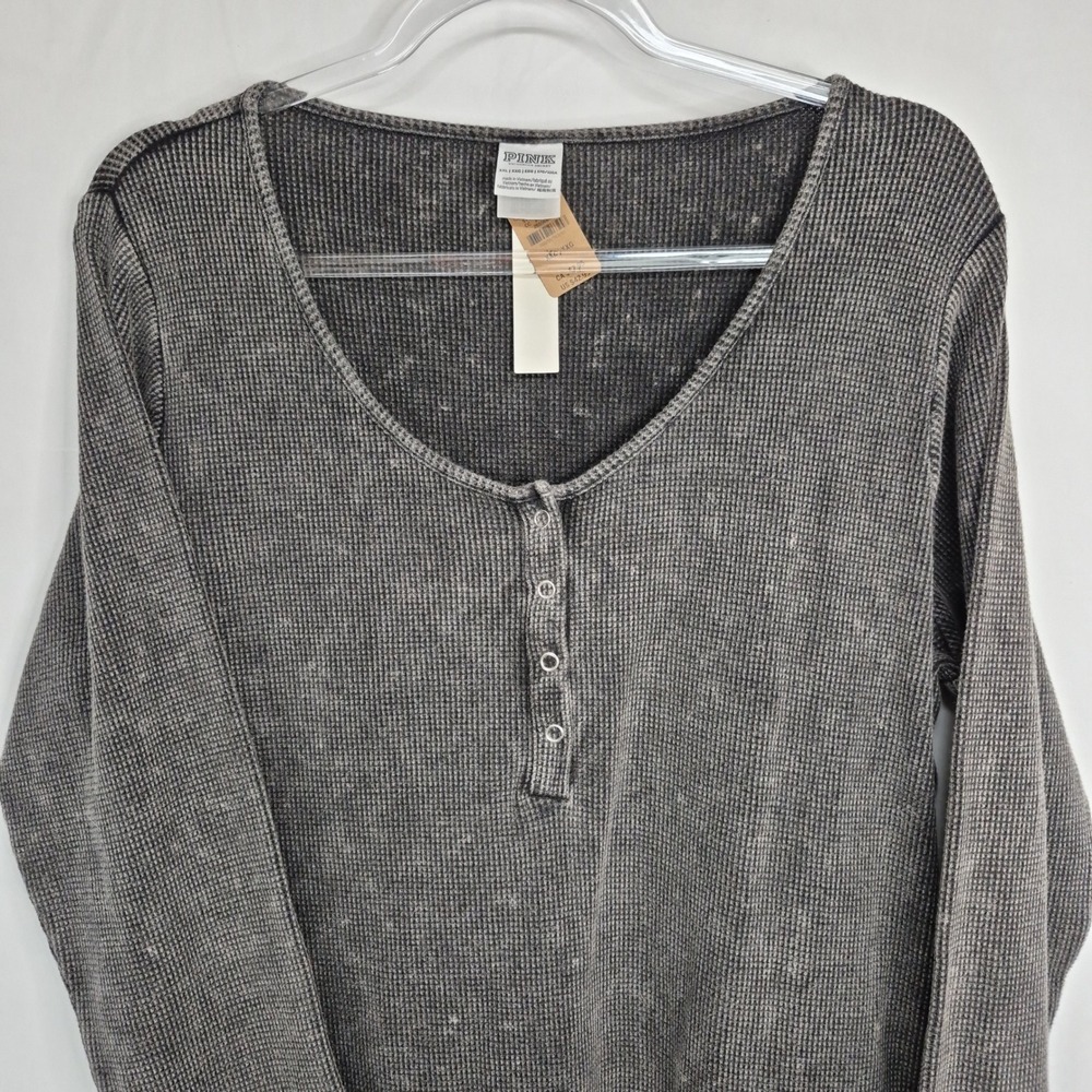 Victorias Secret PINK XXL Thermal Henley Top Gray Mineral Wash Waffle Knit NEW - Picture 2 of 7